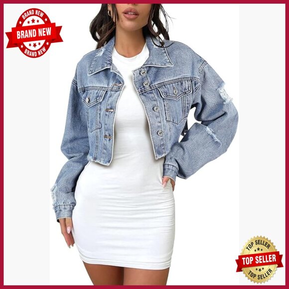 Cropped Denim Jacket with Frayed Hem Long Sleeve Button Down